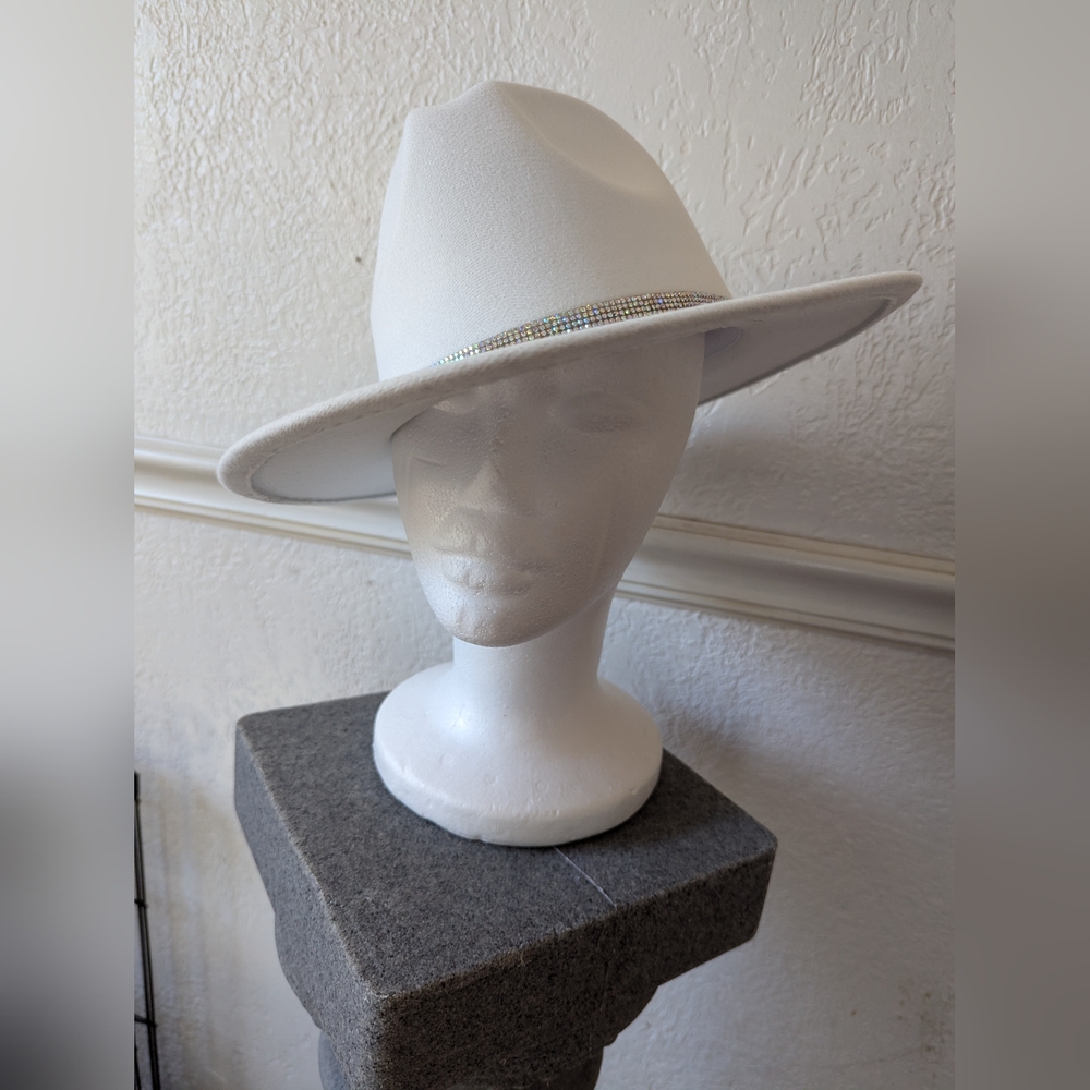White Fedora with Rhinestone Band - Picture 2 of 2